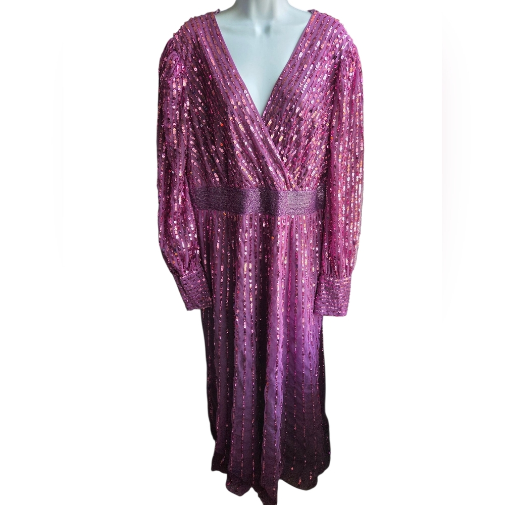 NWT Mac Duggal Purple Sequined Wrap Over Bishop Long Sleeve Gown Size 18